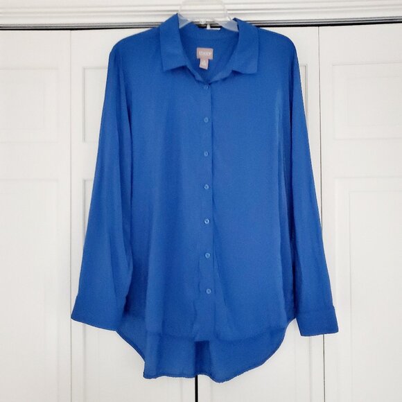 Chicos Drapy Crinkle Button-Down Long Sleeve Top Blue Size 3/XL - Picture 1 of 11